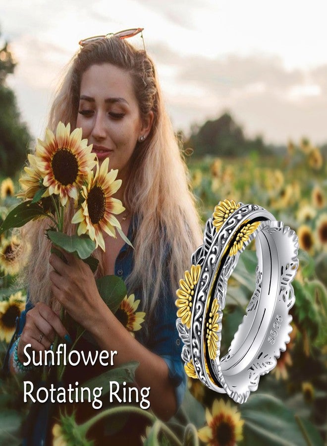 POPLYKE Sterling Silver Sunflower Flower Anxiety Spinner Rings Rotatable Fidget Mood Rings for Women Relieve Stress Gift 8 Size - Image 3
